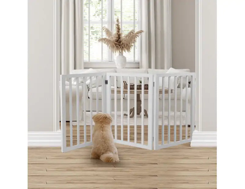 Stylish Free-Standing Wooden Dog Barrier With Gate